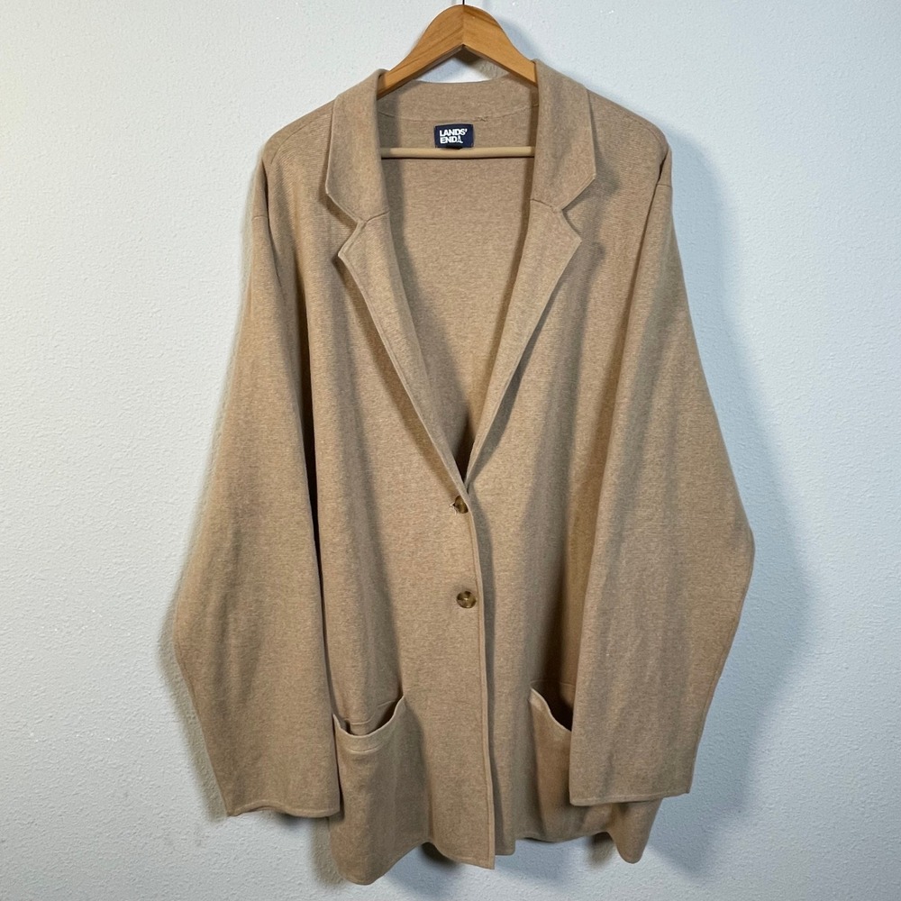 Lands' End Cardigan‎ Women 3X Tan Cotton Button Front Minimalist Layer Classic